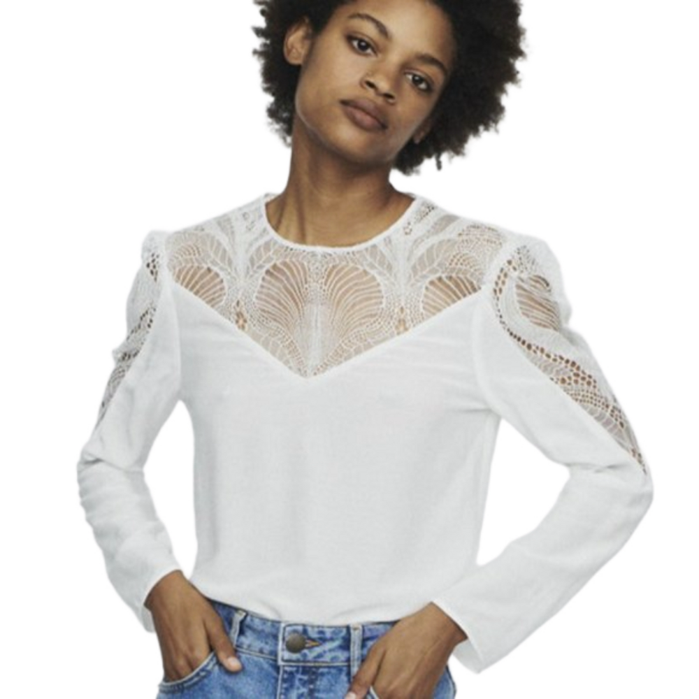 Maje Paris Leana Lace Insert Long Sleeve Off-White Silk Shirt